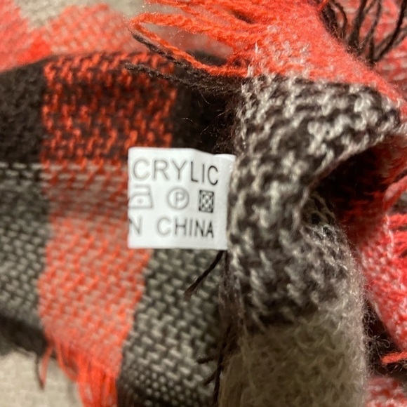 WRAP/SCARF 54” square plaid brown orange teal gold on tan colors fringed. - Picture 3 of 4